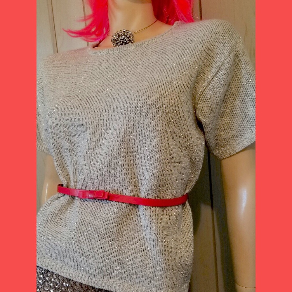 VTG 80s Silver Metallic Glitter Glam Sweater Top